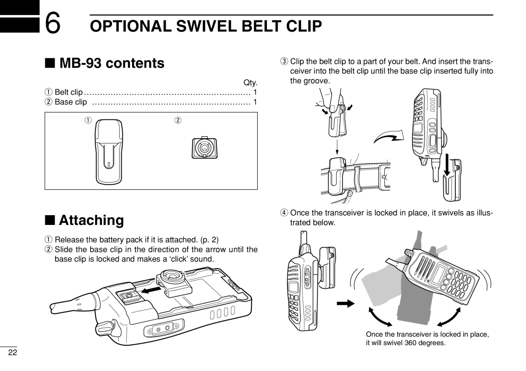 Icom IC-F3022T/S instruction manual Optional Swivel Belt Clip, MB-93 contents, Attaching 