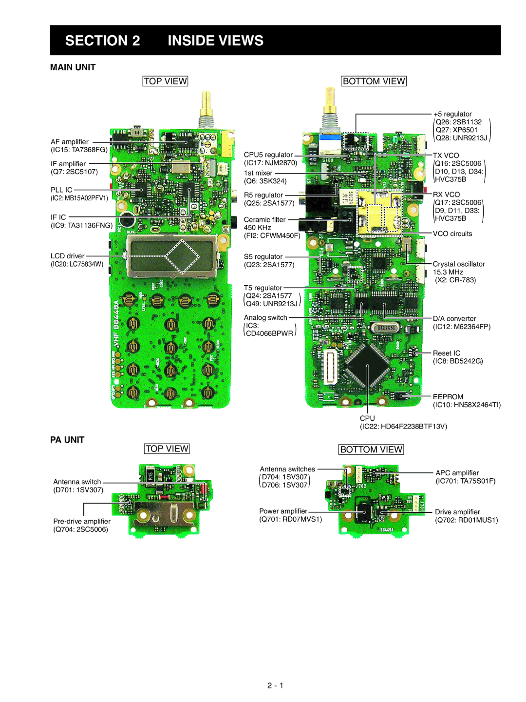 Icom IC-F3023T, IC-F3023S, IC-F3022T, IC-F3022S, IC-F3021S, IC-F3021T service manual Section Inside Views, Main Unit, PA Unit 