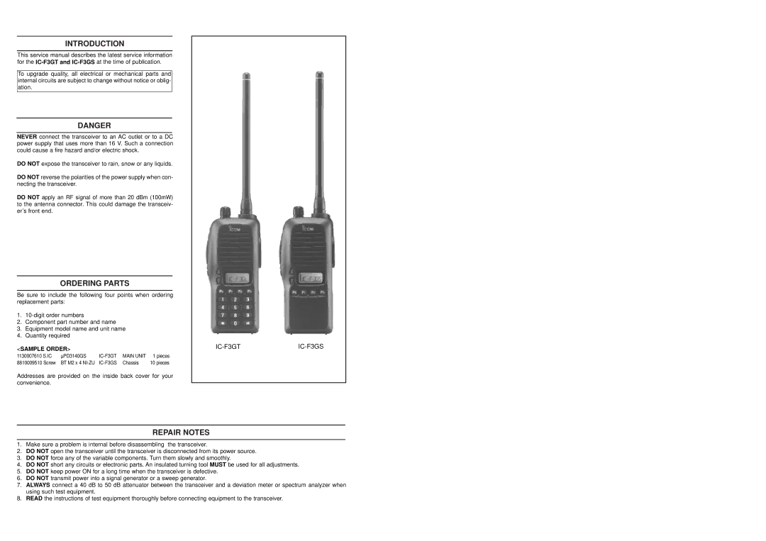 Icom IC-F3GS, IC-F3GT service manual Introduction, Ordering Parts, Repair Notes 