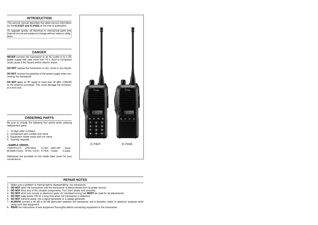 Icom IC-F3GS, IC-F3GT service manual IC-F4GTIC-F4GS 