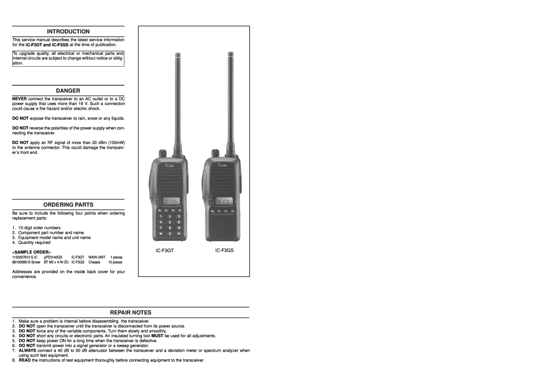 Icom service manual Introduction, Danger, Ordering Parts, Repair Notes, IC-F3GTIC-F3GS, Sample Order 