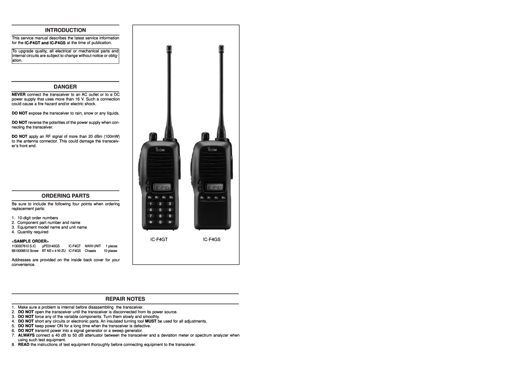Icom IC-F3GS, IC-F3GT service manual Introduction, Danger, Ordering Parts, Repair Notes, IC-F4GTIC-F4GS, Sample Order 