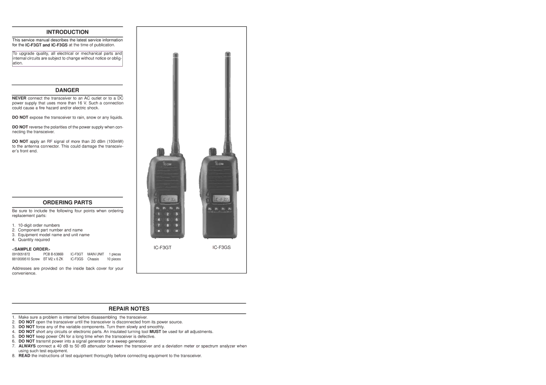 Icom IC-F3GS service manual Introduction, Ordering Parts, Repair Notes 