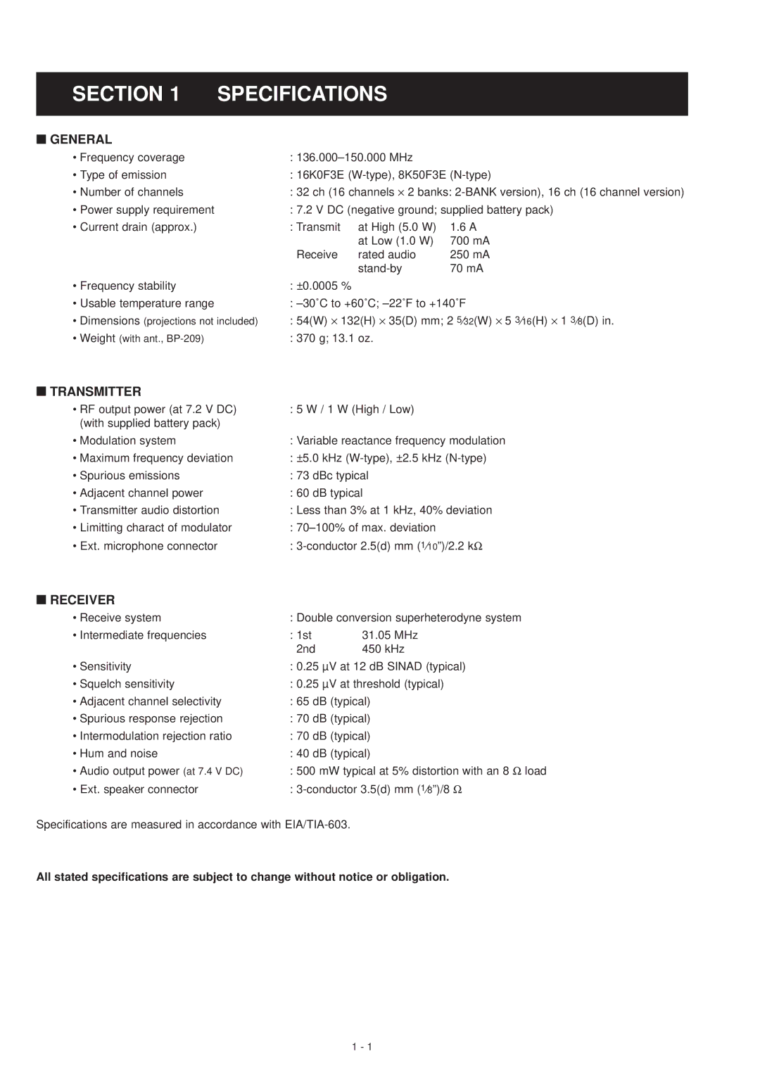 Icom IC-F3GS service manual Section Specifications, ‘ General, ‘ Transmitter, ‘ Receiver 