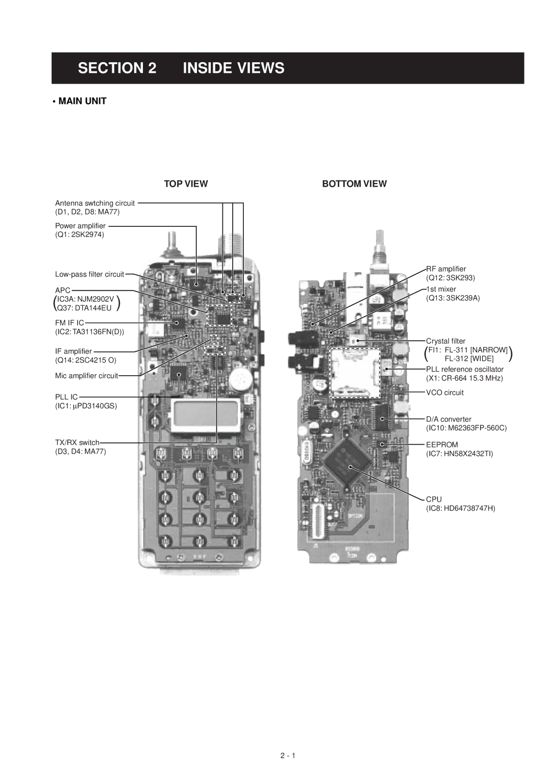 Icom IC-F3GS service manual Inside Views, Main Unit TOP View, Bottom View 