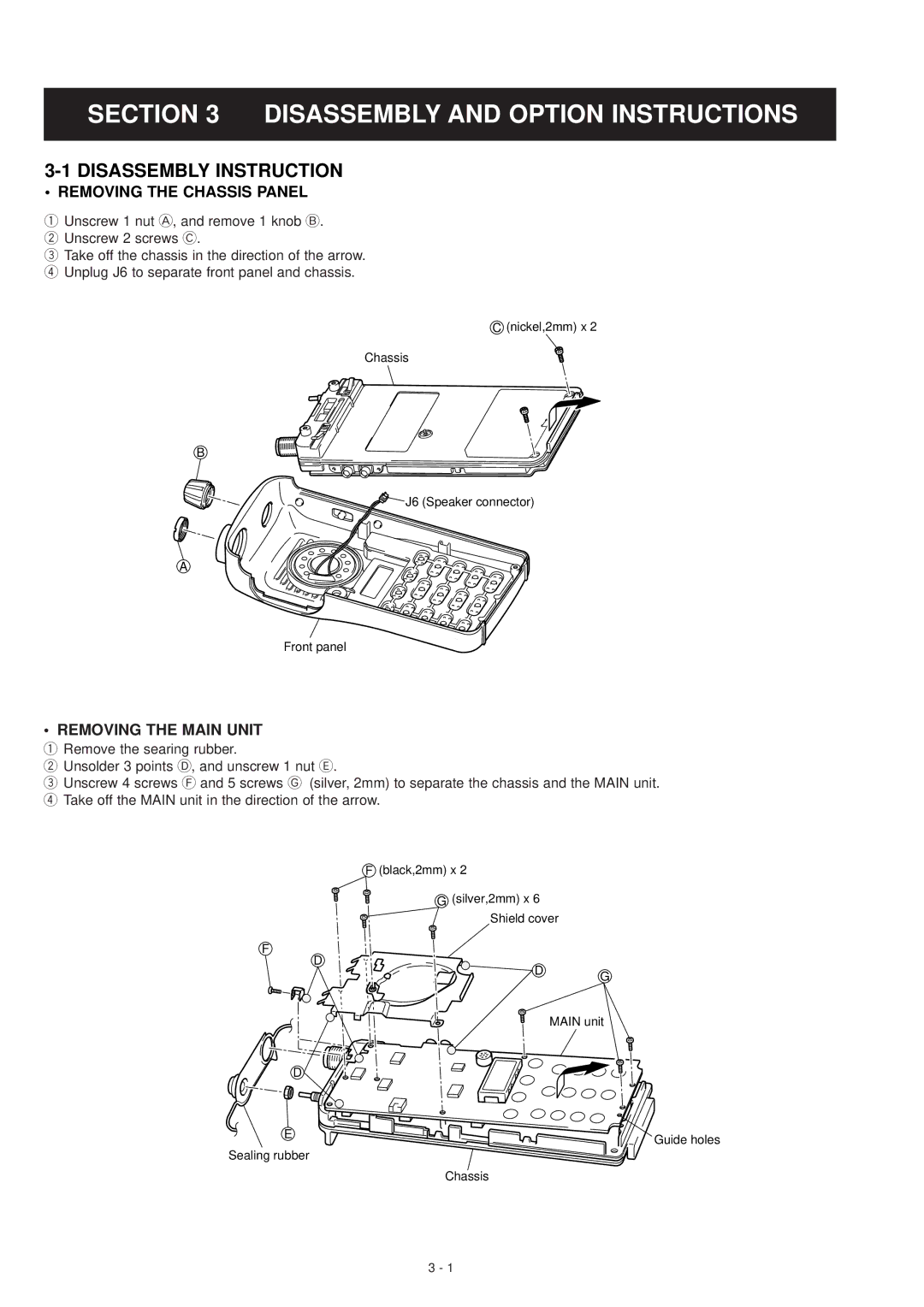 Icom IC-F3GS service manual Disassembly and Option Instructions, Disassembly Instruction, Removing the Chassis Panel 