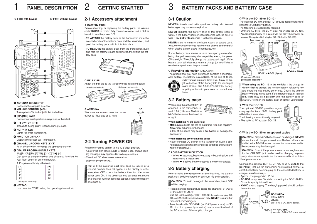 Icom IC-F4TR instruction manual Accessory attachment, Turning Power on, Battery case, Battery charging 