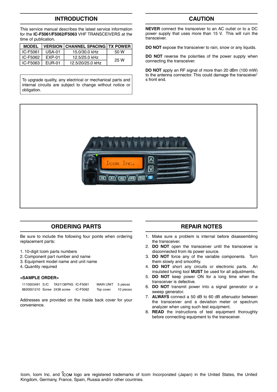 Icom IC-F5061, IC-F5063 Introduction, Ordering Parts, Repair Notes, Model Version Channel Spacing TX Power, Sample Order 