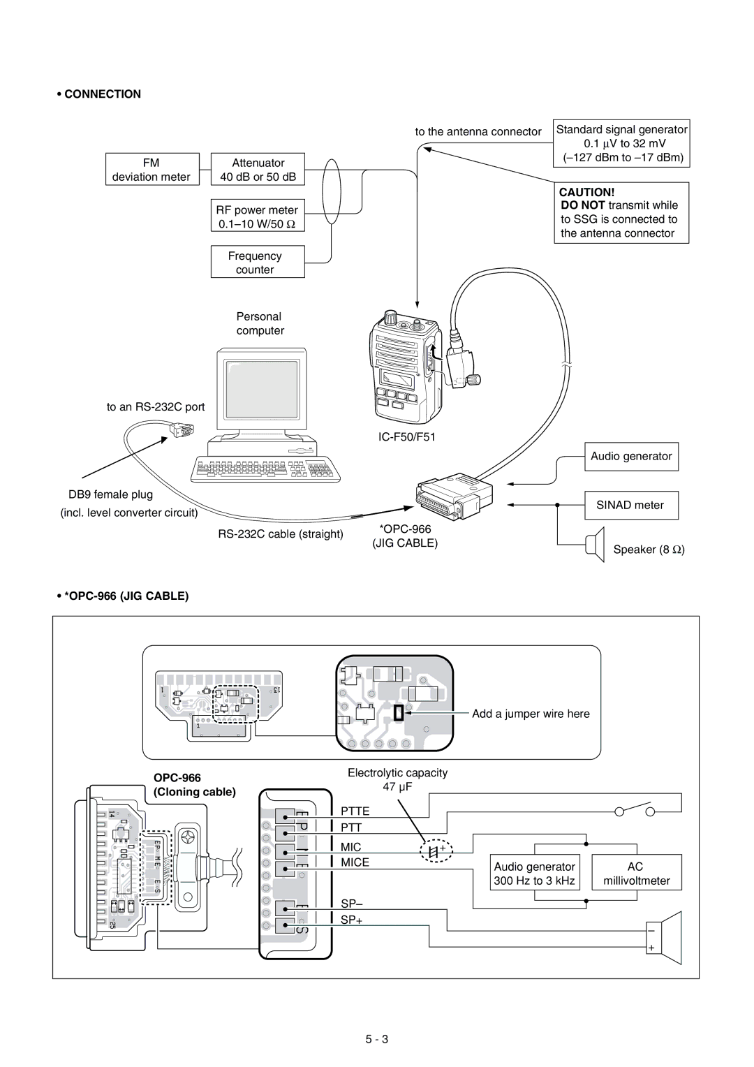 Icom IC-F51, IC-F50 service manual Connection, JIG Cable, Ptte PTT MIC Mice, Sp+ 