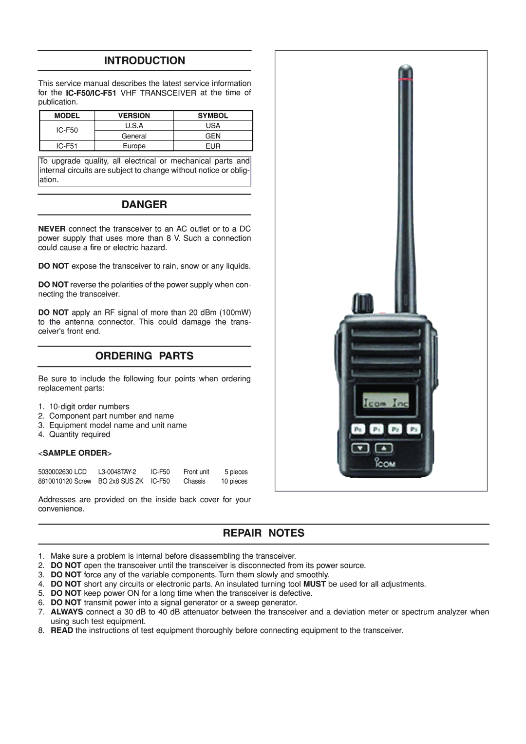 Icom IC-F51, IC-F50 service manual Introduction, Ordering Parts, Repair Notes 