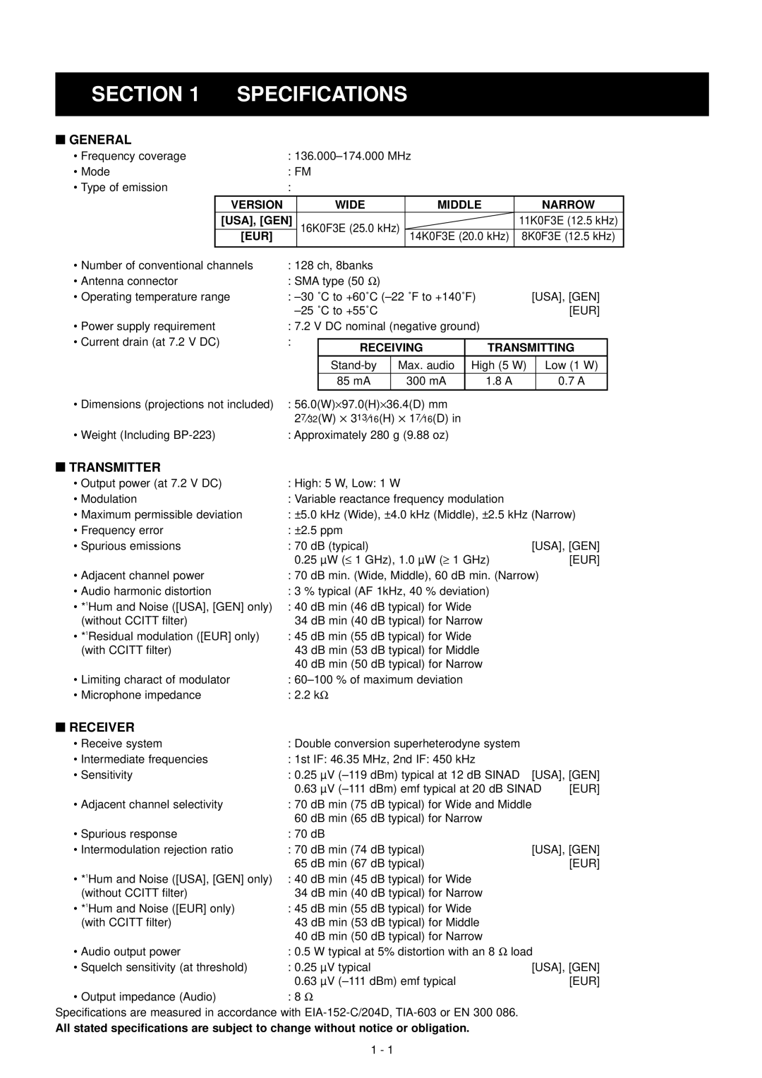 Icom IC-F51, IC-F50 service manual Specifications, ‘ General, ‘ Transmitter, ‘ Receiver 