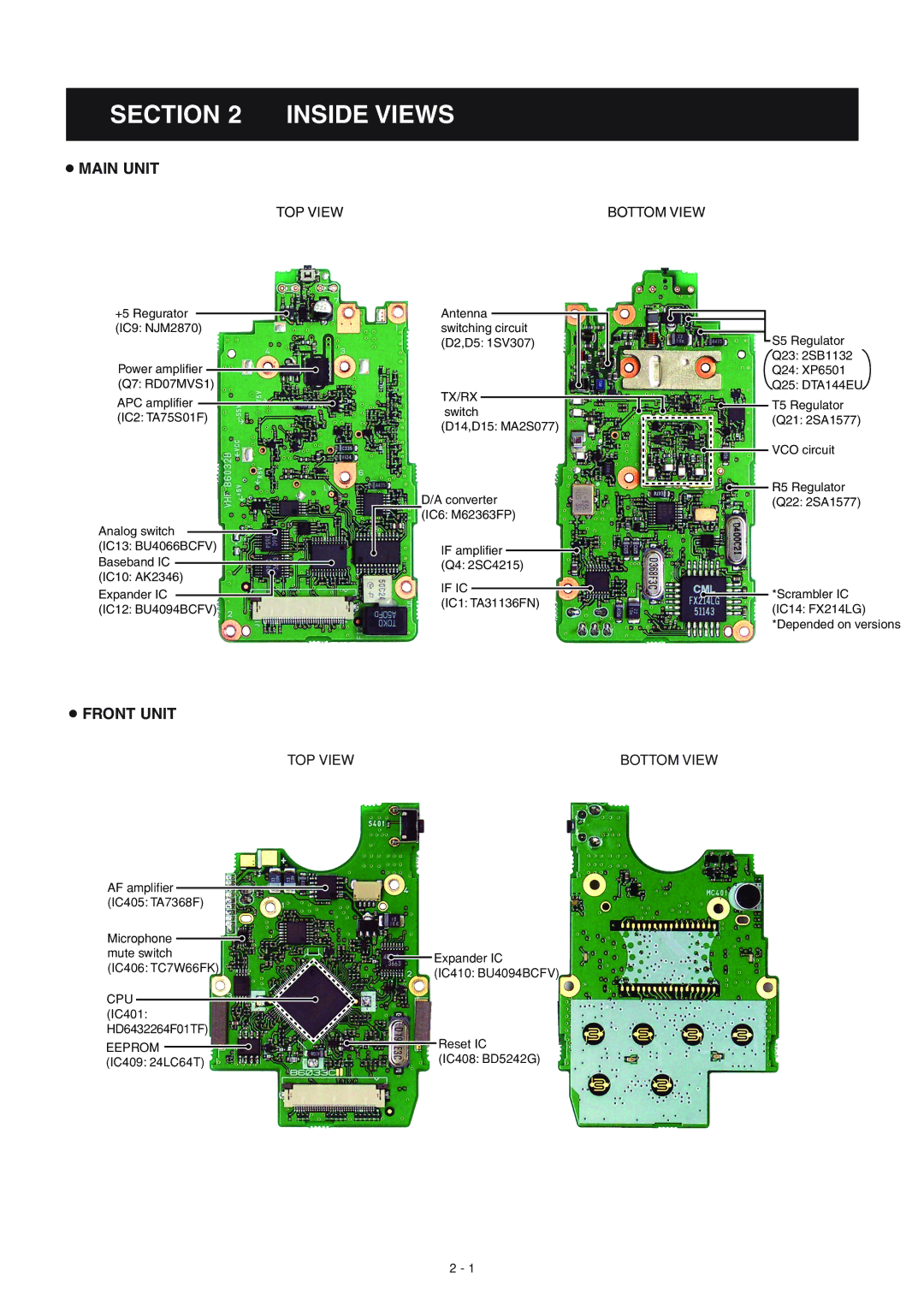 Icom IC-F50, IC-F51 service manual Inside Views, Main Unit, Front Unit 