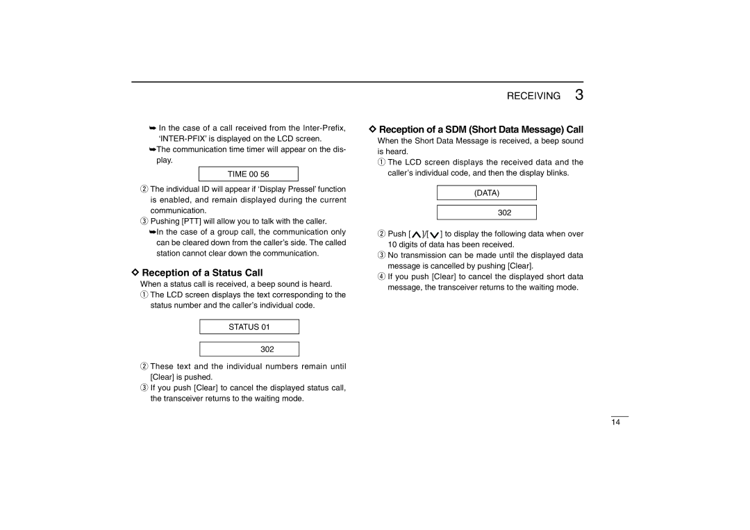 Icom IC-F610 instruction manual Reception of a Status Call, Reception of a SDM Short Data Message Call 