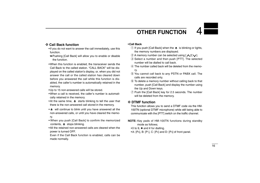 Icom IC-F610 instruction manual Other Function, Call Back function, Dtmf function 