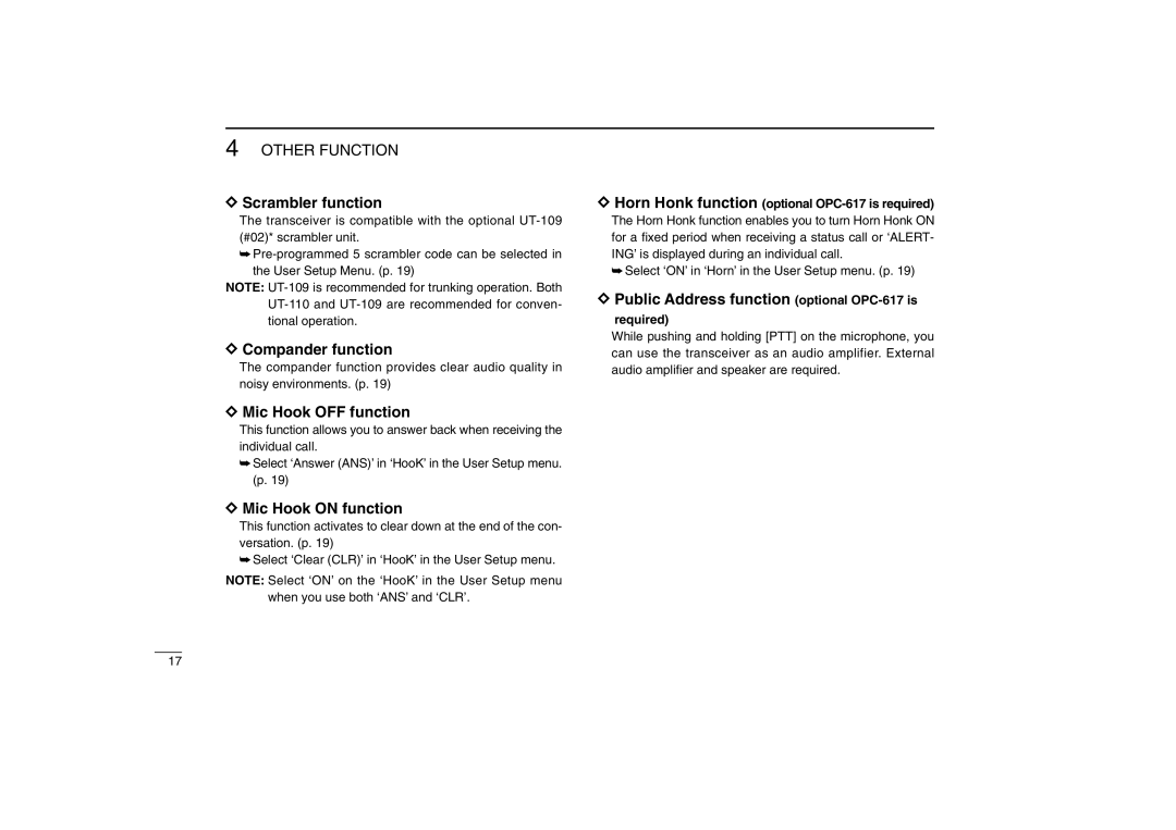 Icom IC-F610 instruction manual Scrambler function, Compander function, Mic Hook OFF function, Mic Hook on function 