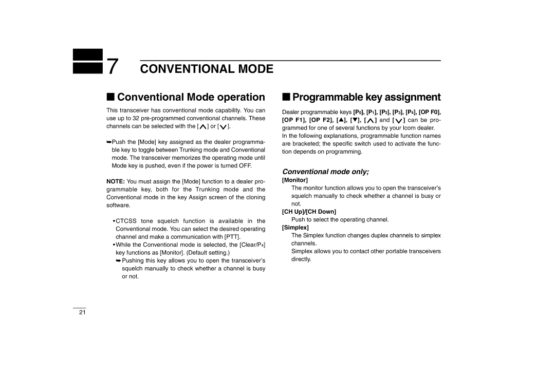 Icom IC-F610 instruction manual ‘ Conventional Mode operation, Monitor, CH Up/CH Down, Simplex 