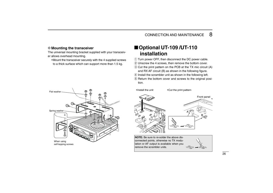 Icom IC-F610 instruction manual Optional UT-109 /UT-110 Installation, Mounting the transceiver 