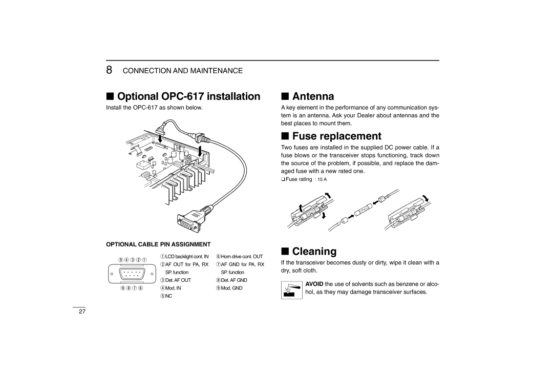 Icom IC-F610 instruction manual Optional OPC-617 installation, Antenna, Fuse replacement, Cleaning 