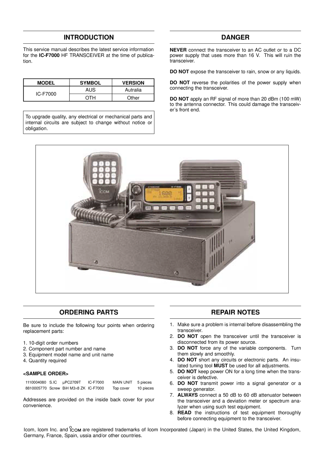 Icom IC-F7000 service manual Introduction, Ordering Parts Repair Notes, Aus, Oth 