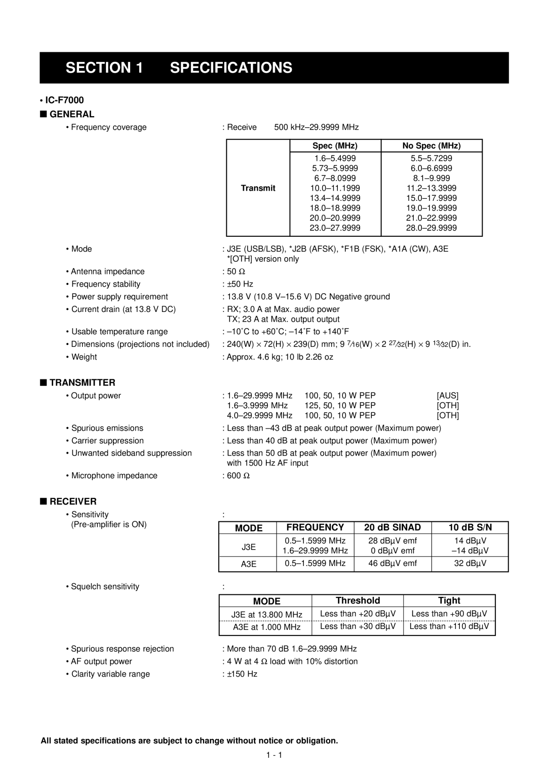 Icom IC-F7000 service manual Specifications 