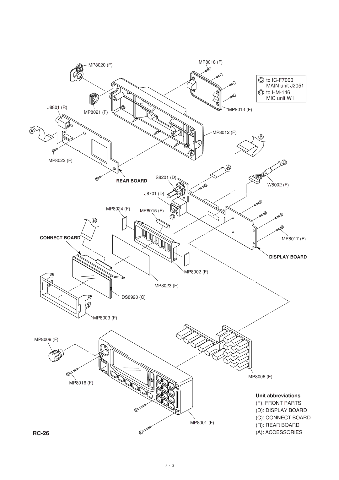 Icom IC-F7000 service manual Front Parts, Connect Board, Accessories 