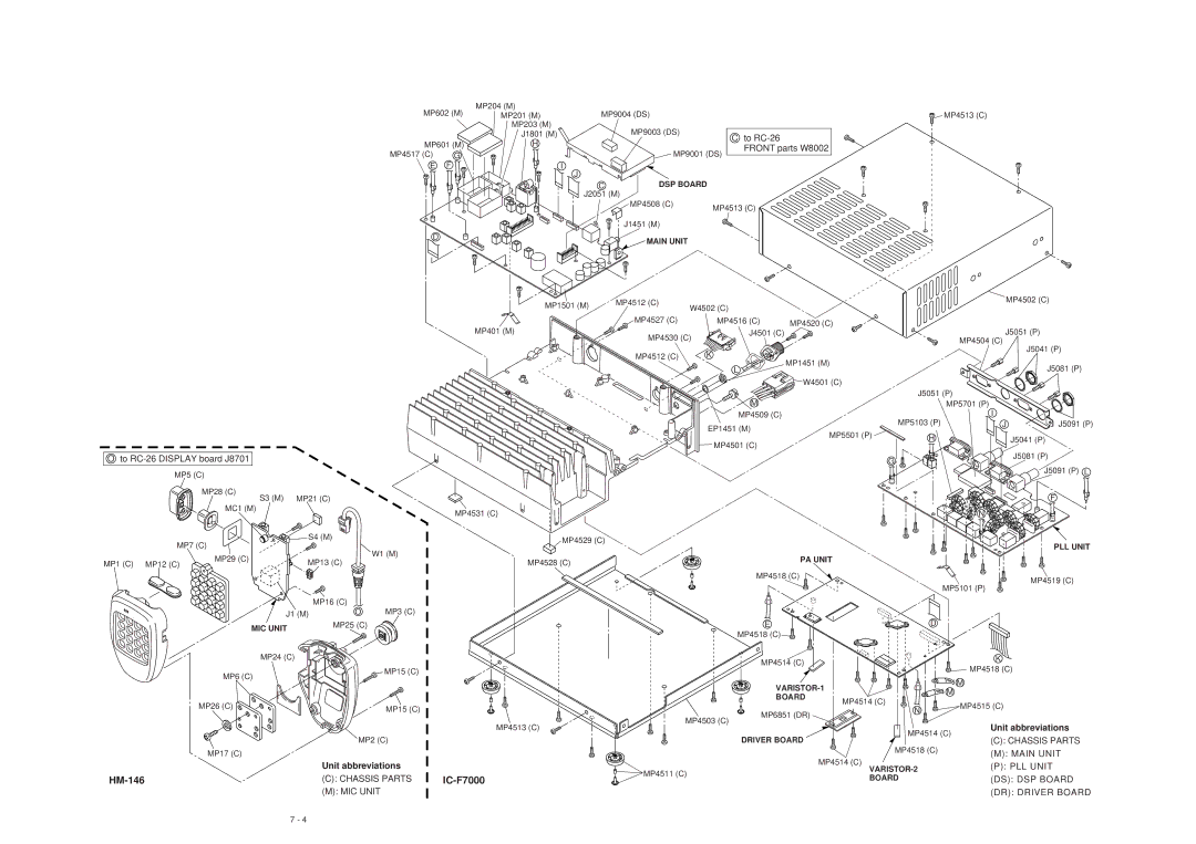 Icom IC-F7000 service manual Chassis Parts, MIC Unit, DS DSP Board, DR Driver Board 