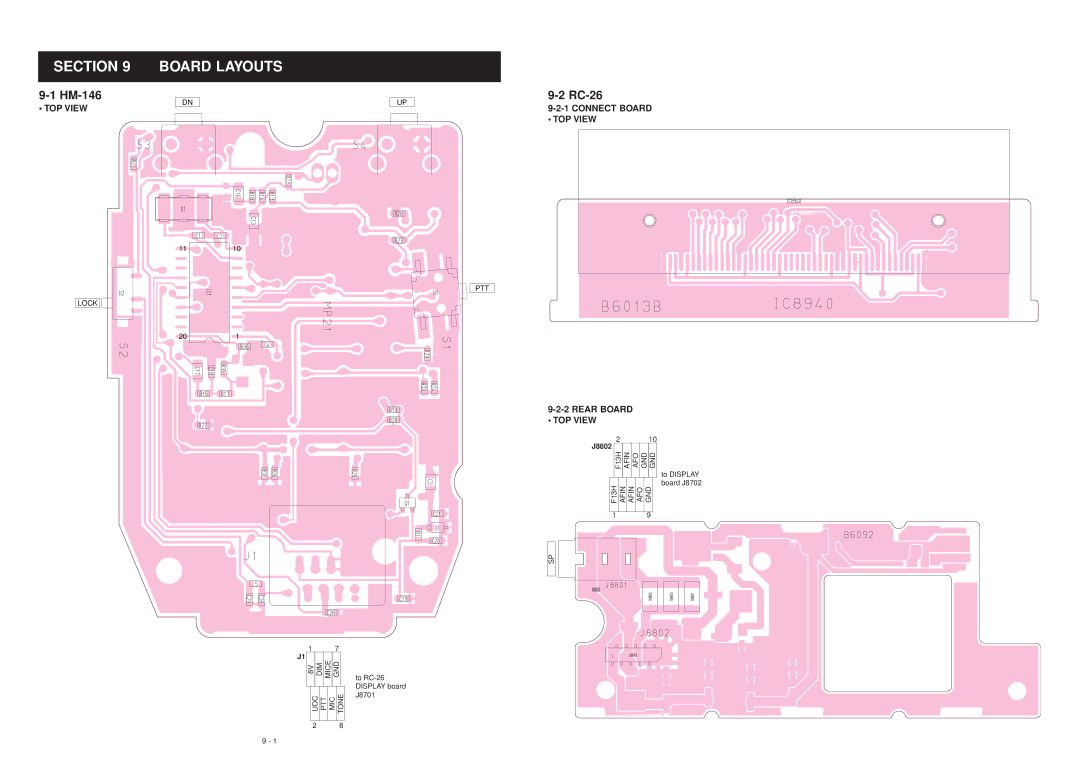 Icom IC-F7000 service manual Board Layouts, Connect Board TOP View, Rear Board TOP View 