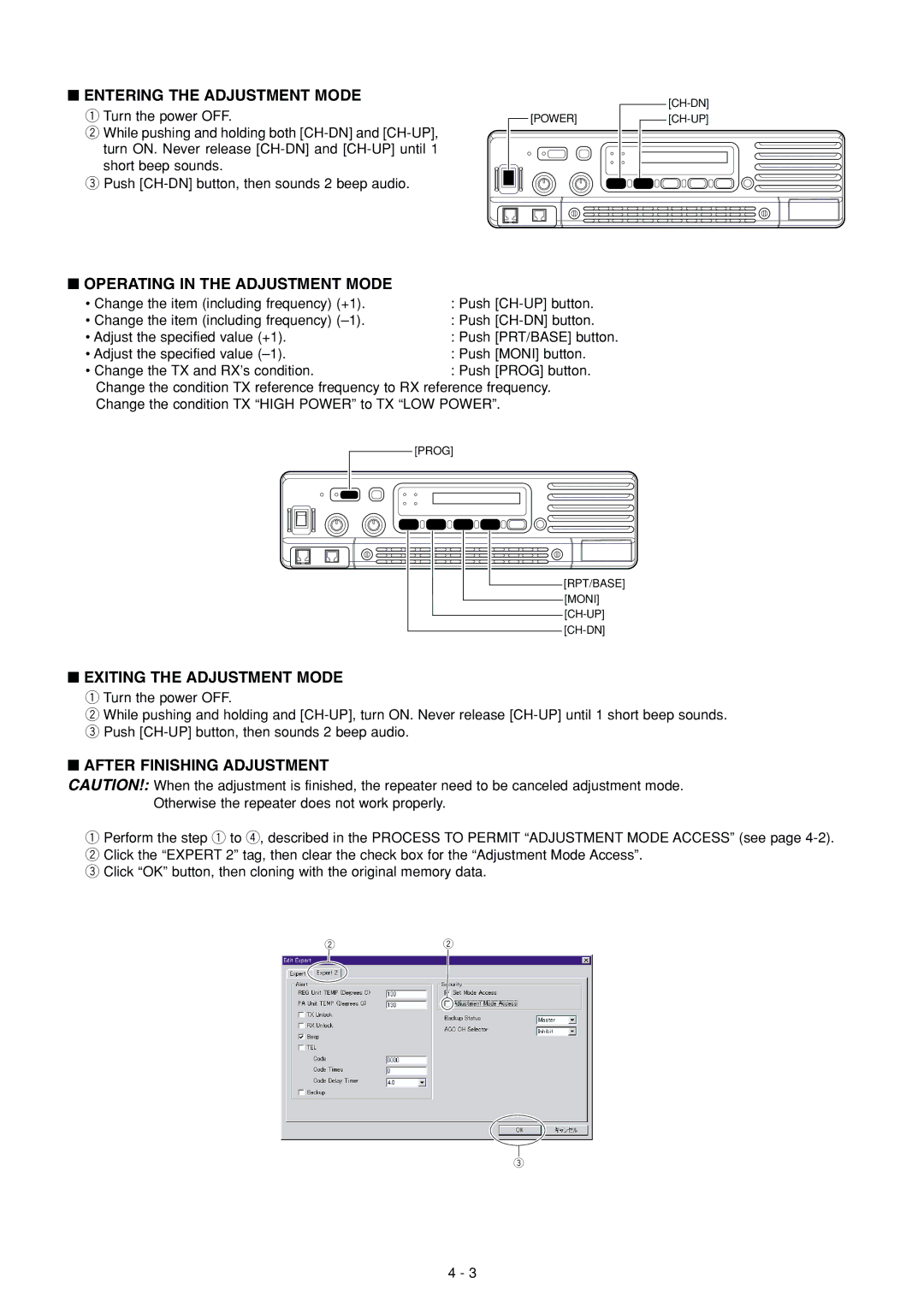 Icom IC-FR3000 manual Entering the Adjustment Mode, Operating in the Adjustment Mode, Exiting the Adjustment Mode 