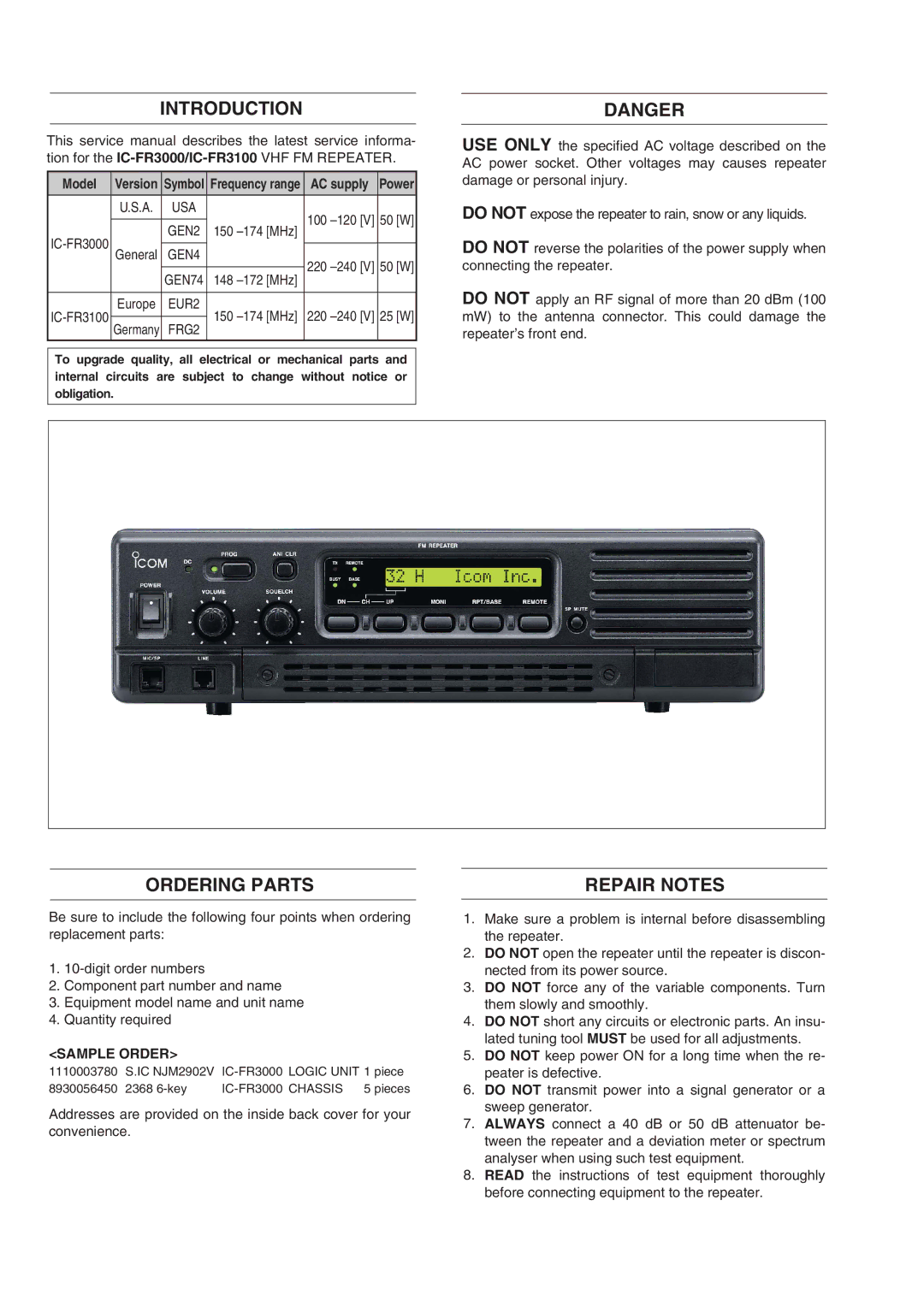 Icom IC-FR3000 manual Introduction, Ordering Parts, Repair Notes 