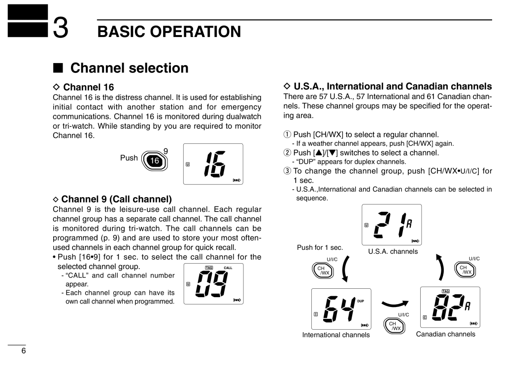 Icom IC-M2A Basic Operation, Channel selection, Channel 9 Call channel, S.A., International and Canadian channels 