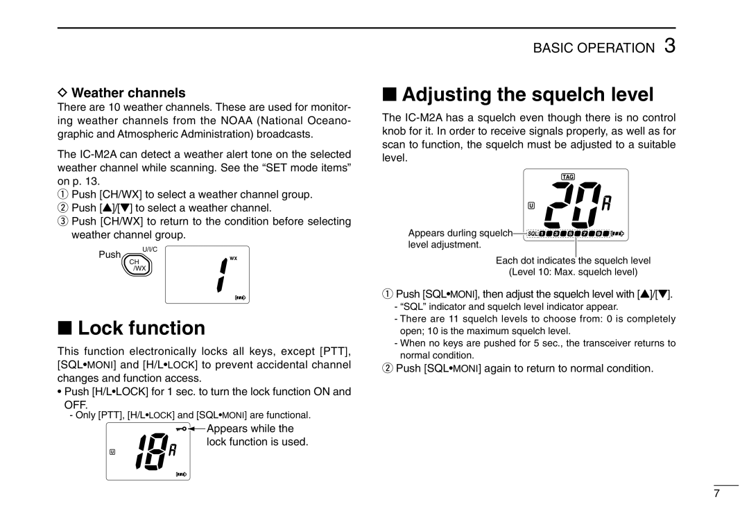 Icom IC-M2A instruction manual Adjusting the squelch level, Lock function, Weather channels 