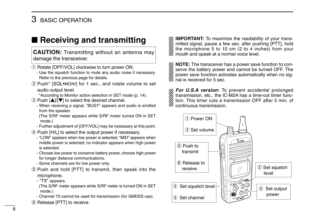 Icom IC-M2A Receiving and transmitting, Rotate OFF/VOL clockwise to turn power on, Push Y/Z to select the desired channel 