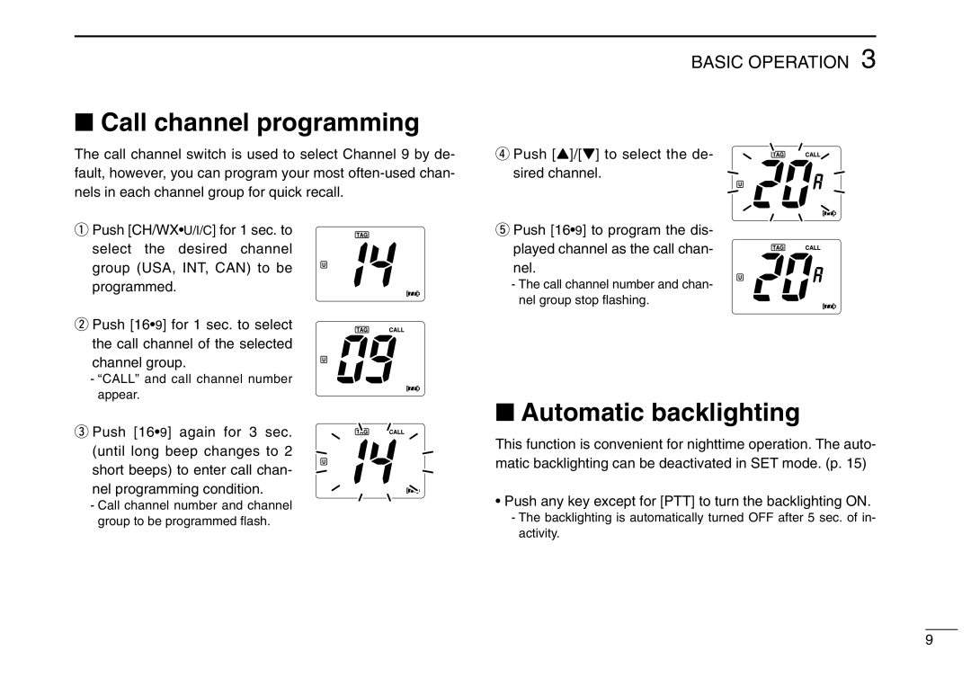 Icom IC-M2A instruction manual Call channel programming, Automatic backlighting 