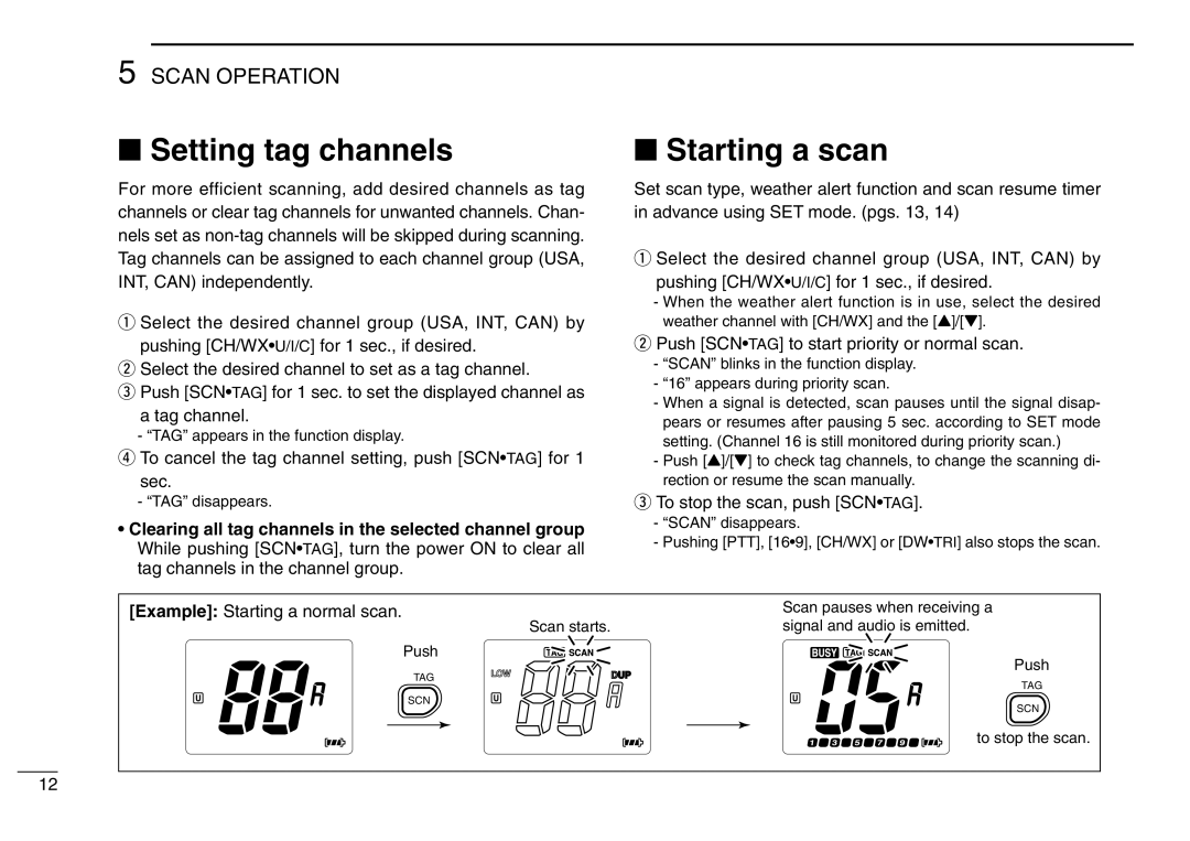 Icom IC-M2A instruction manual Setting tag channels, Starting a scan 