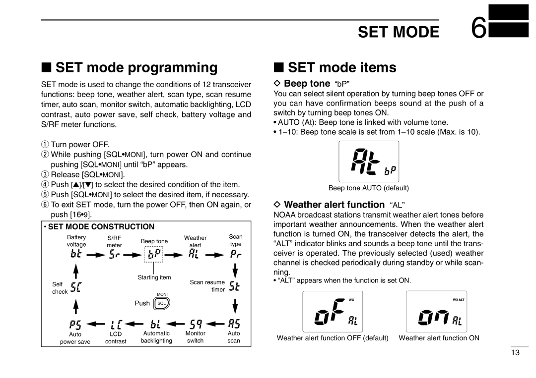 Icom IC-M2A instruction manual SET Mode, SET mode programming, SET mode items, Beep tone bP, Weather alert function AL 