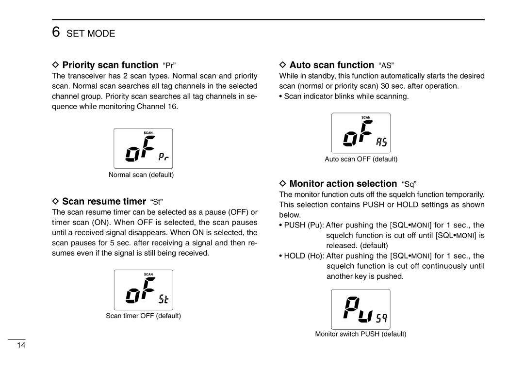 Icom IC-M2A Priority scan function Pr, Scan resume timer St, Auto scan function AS, Monitor action selection Sq 