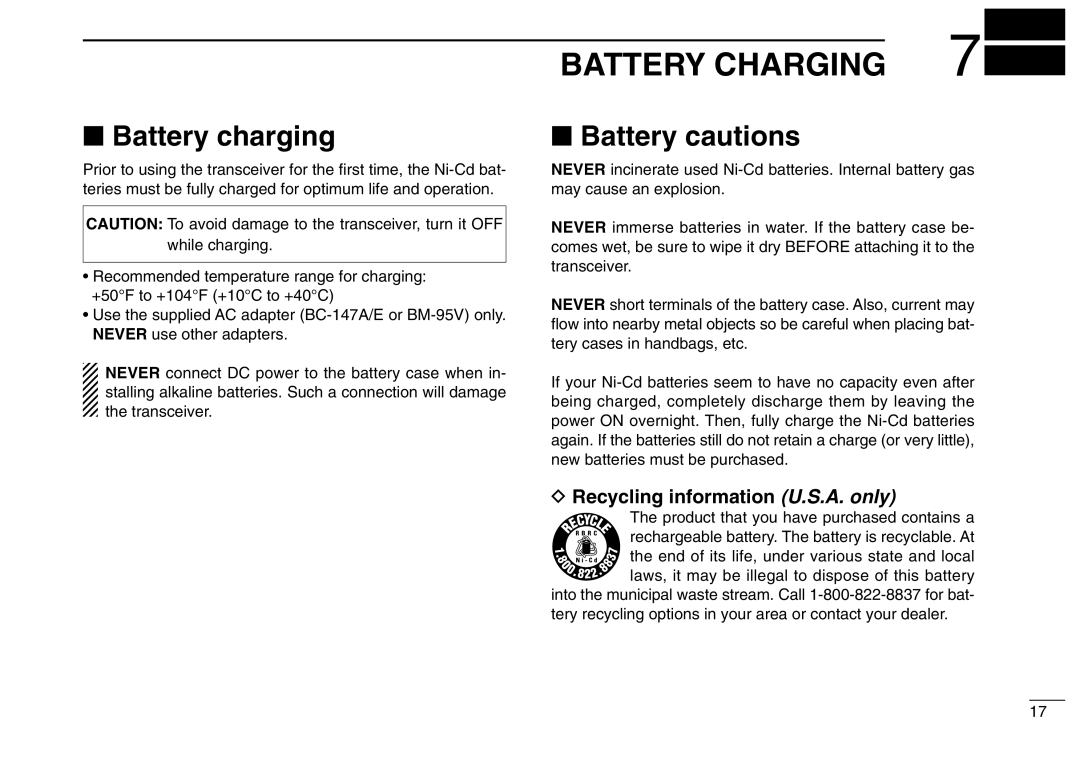 Icom IC-M2A instruction manual Battery Charging, Battery charging, Battery cautions, Recycling information U.S.A. only 