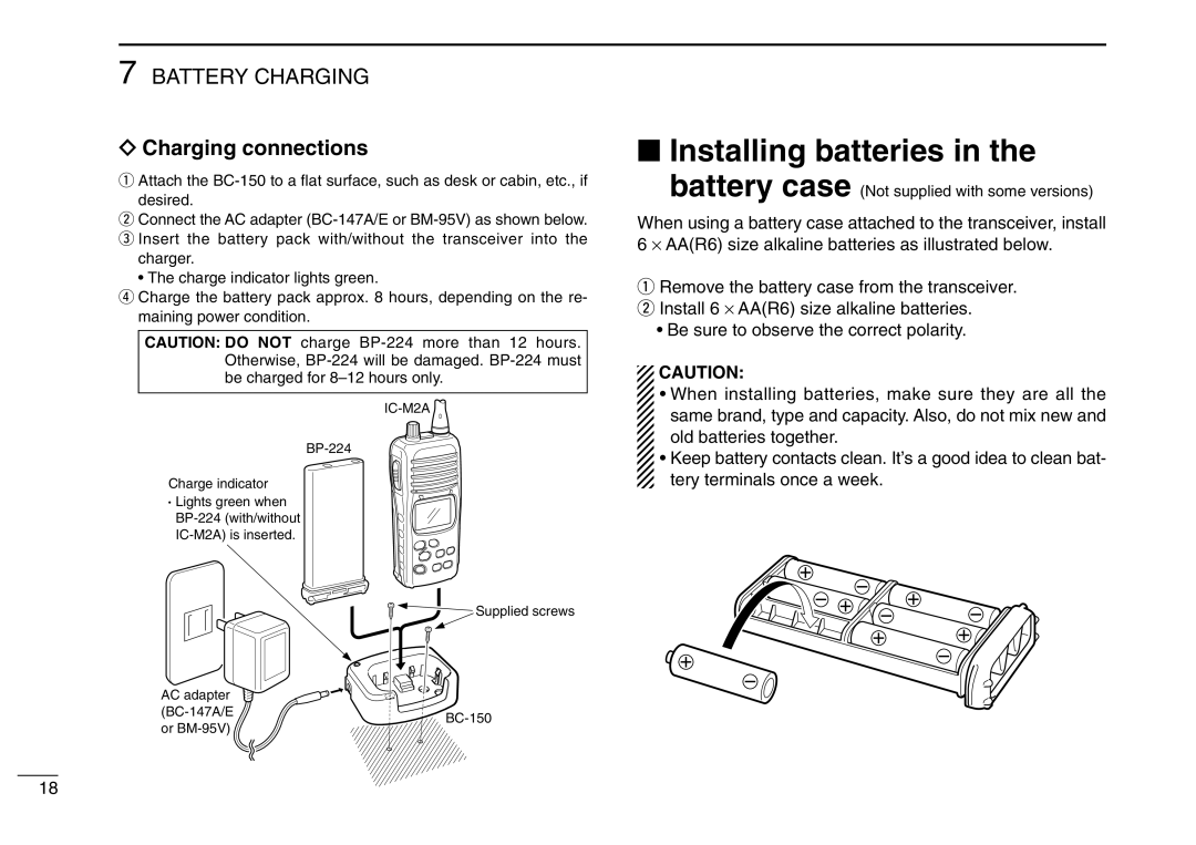 Icom IC-M2A instruction manual Installing batteries Battery case, Charging connections 