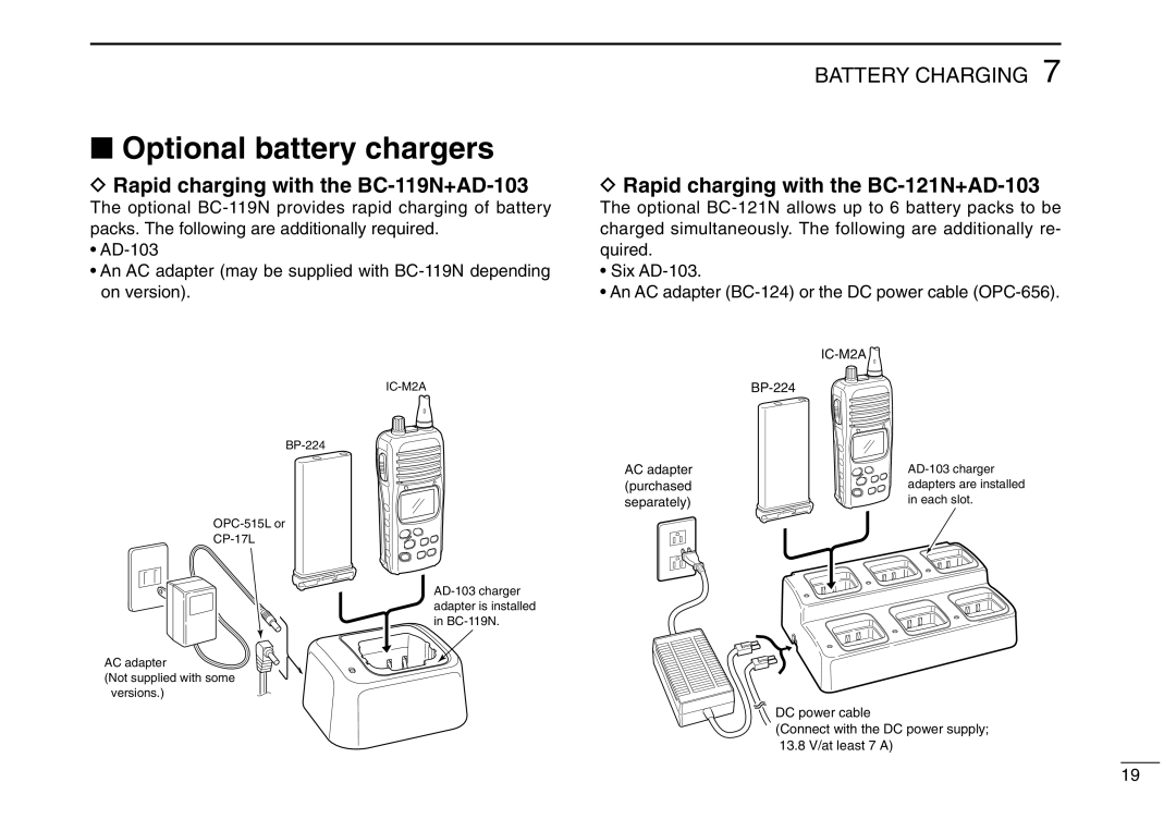 Icom IC-M2A Optional battery chargers, Rapid charging with the BC-119N+AD-103, Rapid charging with the BC-121N+AD-103 