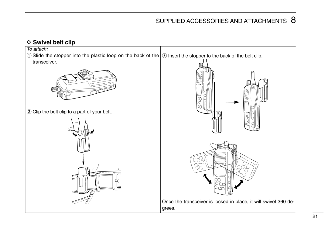 Icom IC-M2A instruction manual Swivel belt clip, To attach 