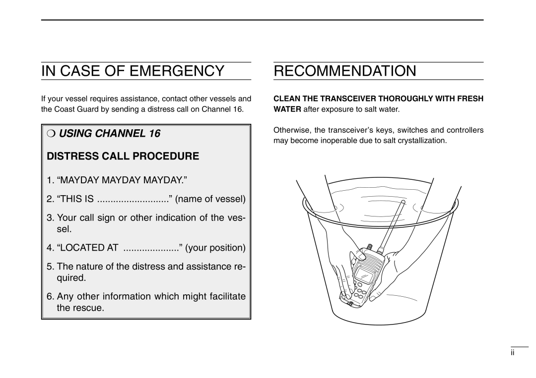 Icom IC-M2A instruction manual Case of Emergency, Clean the Transceiver Thoroughly with Fresh 