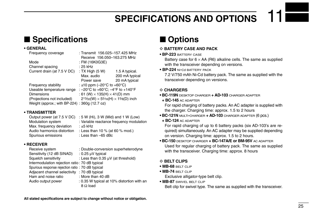 Icom IC-M2A instruction manual Specifications and Options, Speciﬁcations 