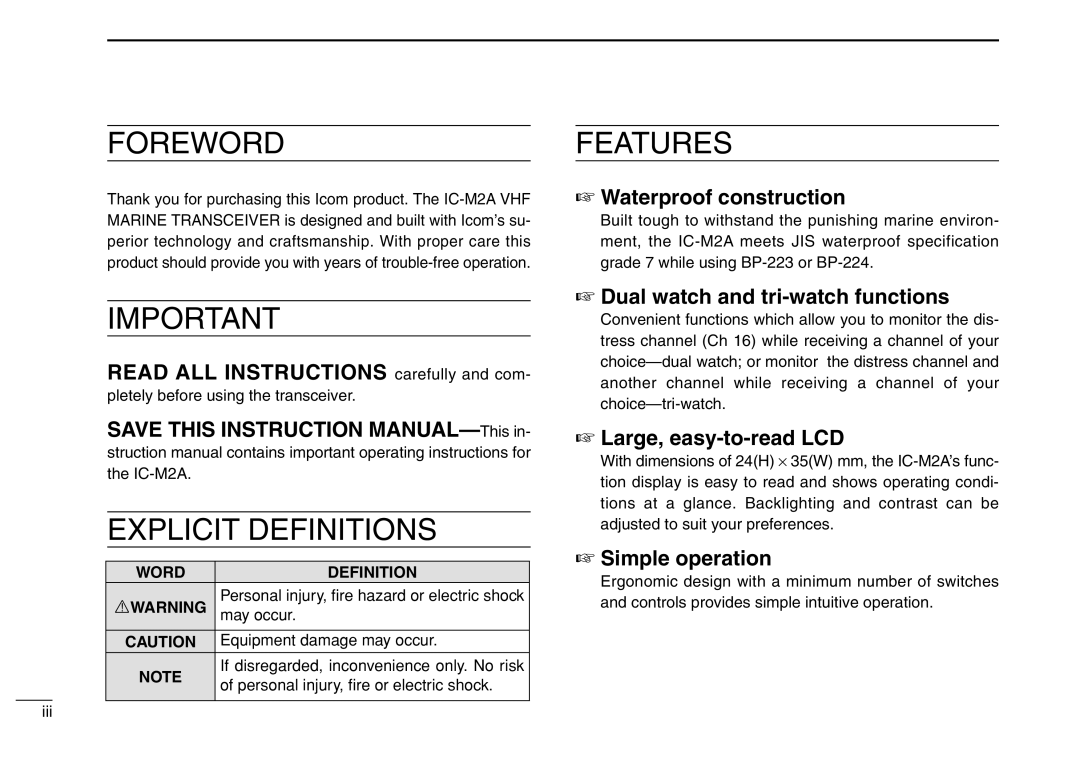 Icom IC-M2A instruction manual Word Definition Rwarning 