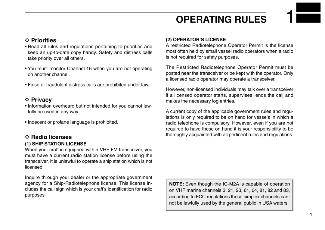 Icom IC-M2A instruction manual Operating Rules, Priorities, Privacy, Radio licenses 