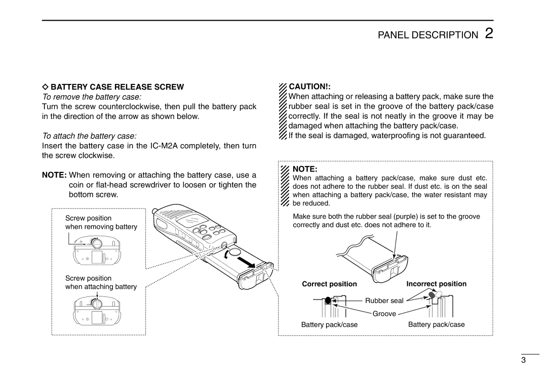 Icom IC-M2A instruction manual Battery Case Release Screw To remove the battery case, To attach the battery case 