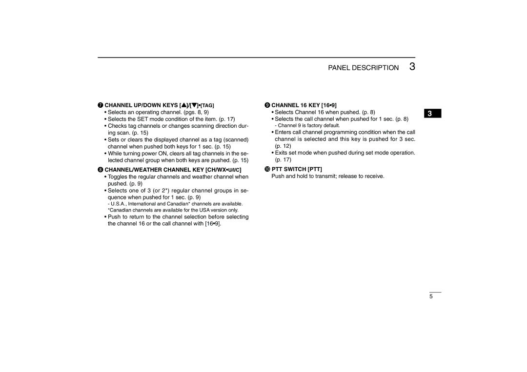 Icom IC-M32 instruction manual Panel Description, 0PTT Switch PTT 