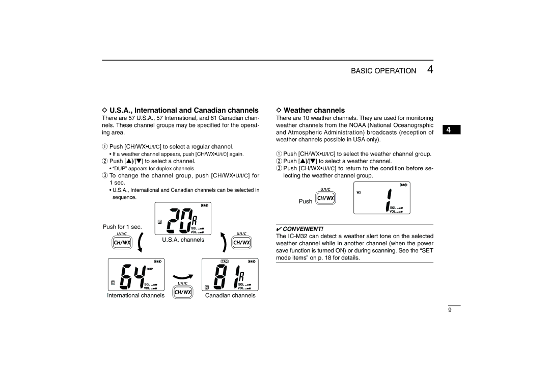 Icom IC-M32 instruction manual S.A., International and Canadian channels, Weather channels 