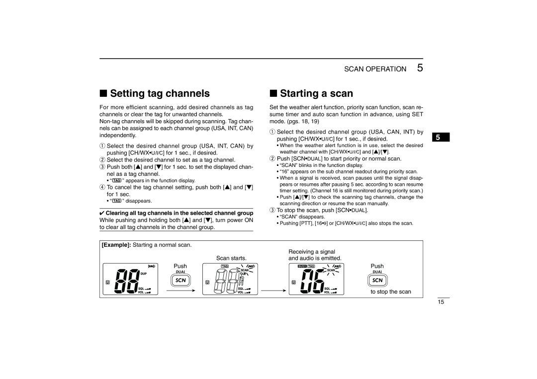 Icom IC-M32 instruction manual Setting tag channels, Starting a scan 