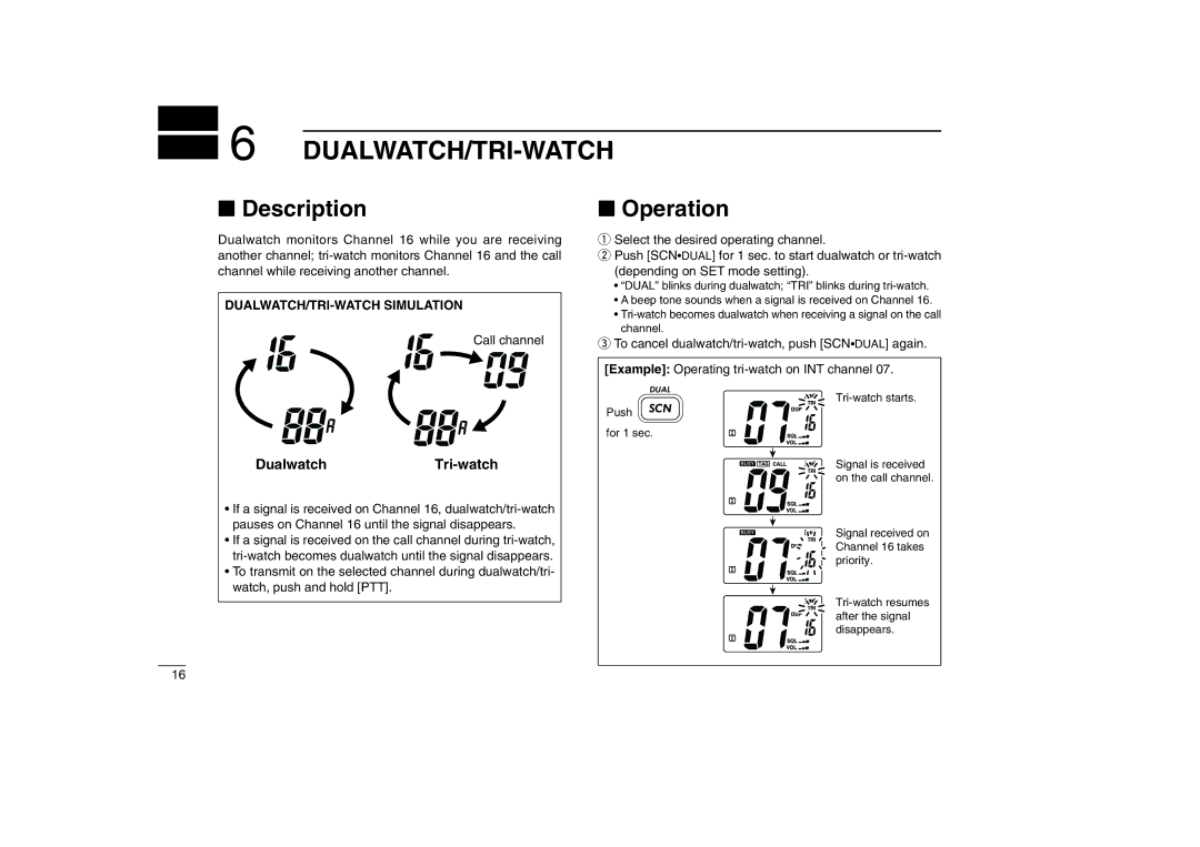 Icom IC-M32 instruction manual Dualwatch/Tri-Watch, Description, Operation, DUALWATCH/TRI-WATCH Simulation 