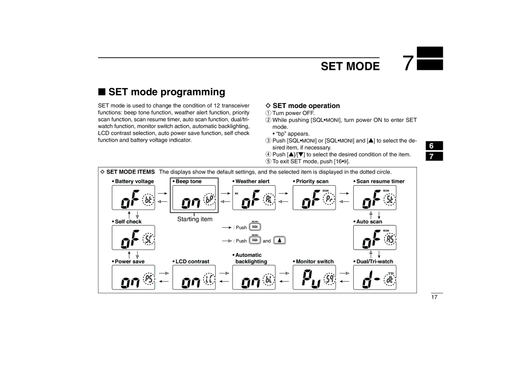 Icom IC-M32 instruction manual SET Mode, SET mode programming, SET mode operation 